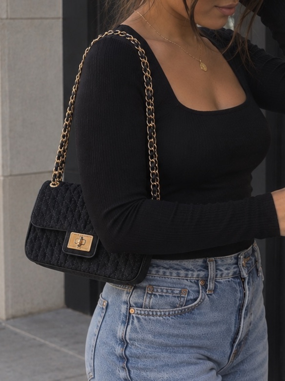 NWT Karl Lagerfeld Paris Black Quilted Denim Chain Bag